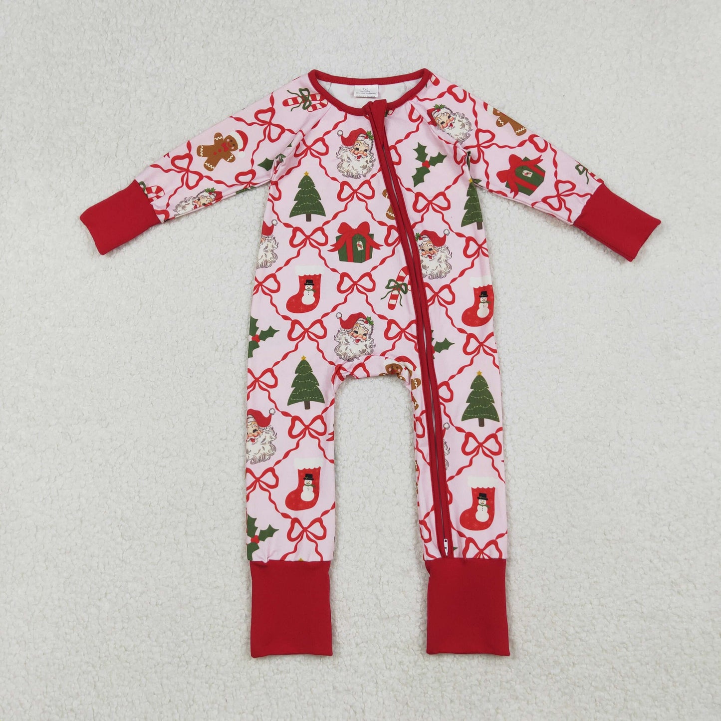 LR2632 Baby Girls Red Bows Santa Gifts Checked Christmas Zipper Footed Rompers