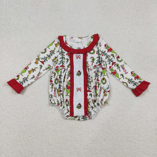 LR2635 Baby Girls Embroidery Bows Grin Christmas Ruffle Collar Rompers