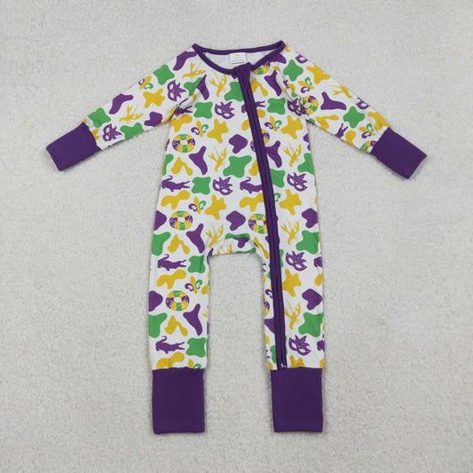 LR2637 Baby Boys Mardigras Camo Crayfishes Donuts Zipper Footed Rompers