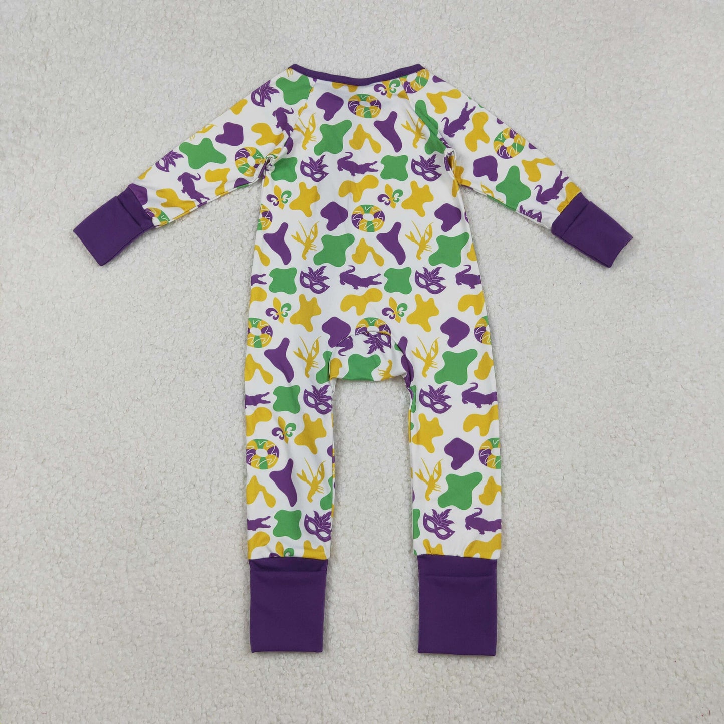 LR2637 Baby Boys Mardigras Camo Crayfishes Donuts Zipper Footed Rompers