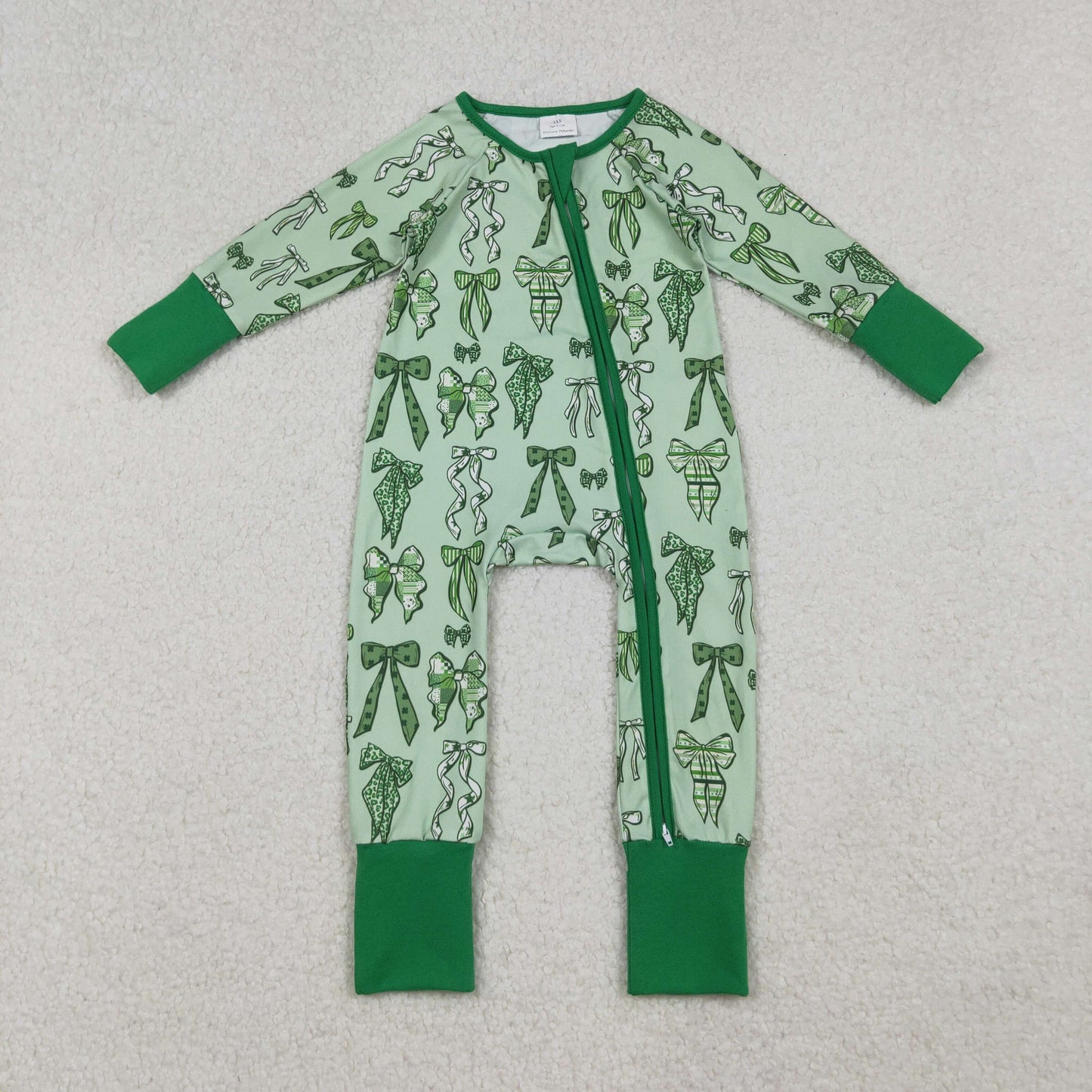 LR2654 Baby Girls Green Clovers Bows Plaid St Patrick Zipper Footed Rompers