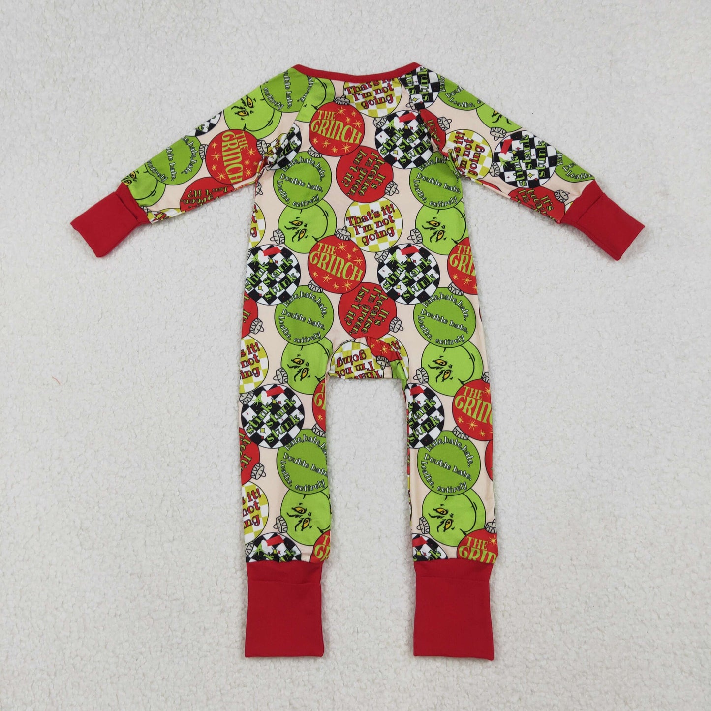 LR2658 Baby Boys Red Green Grin Disco Plaid Christmas Zipper Footed Rompers