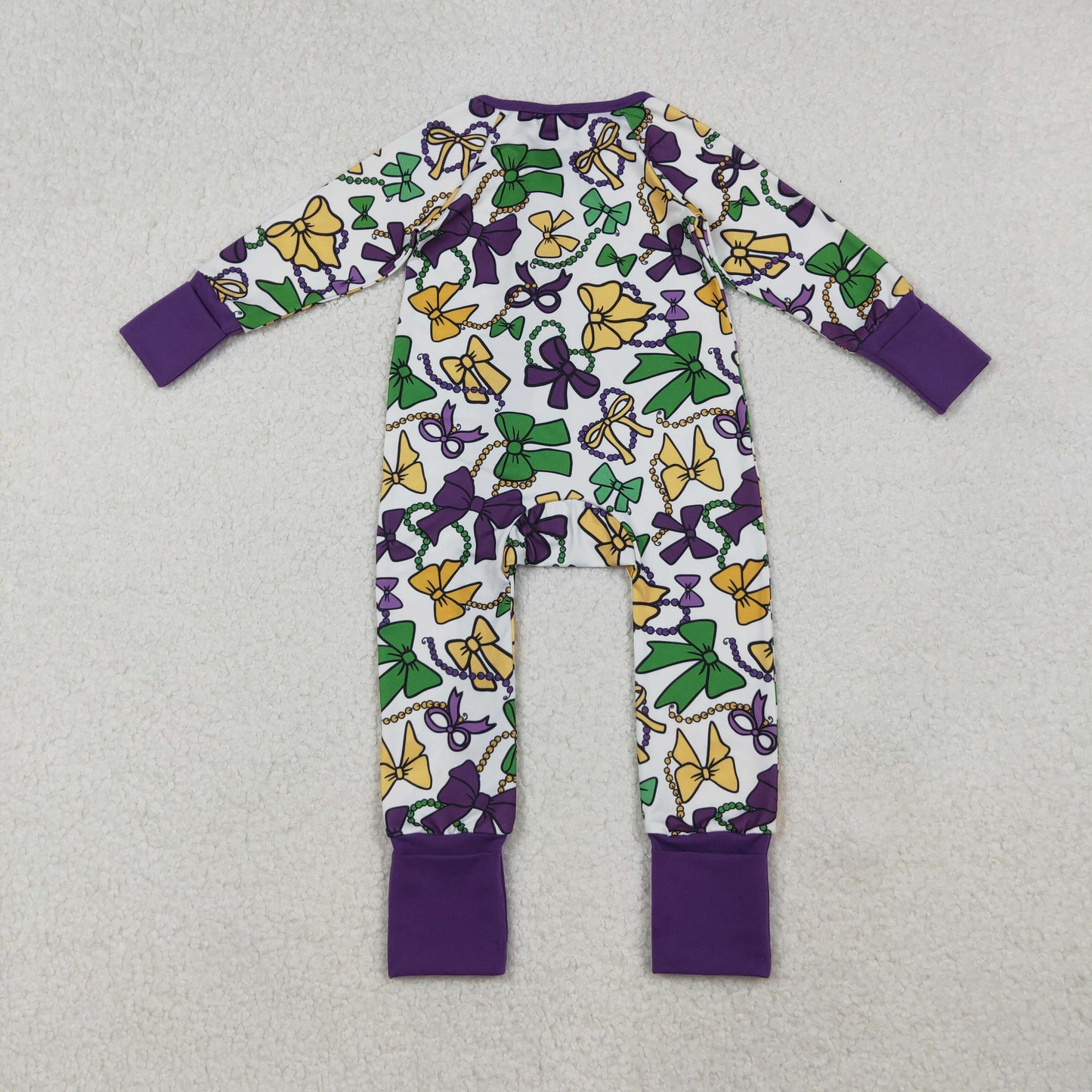 LR2678 Baby Girls Mardigras Bows Necklaces Plaid Zipper Footed Rompers