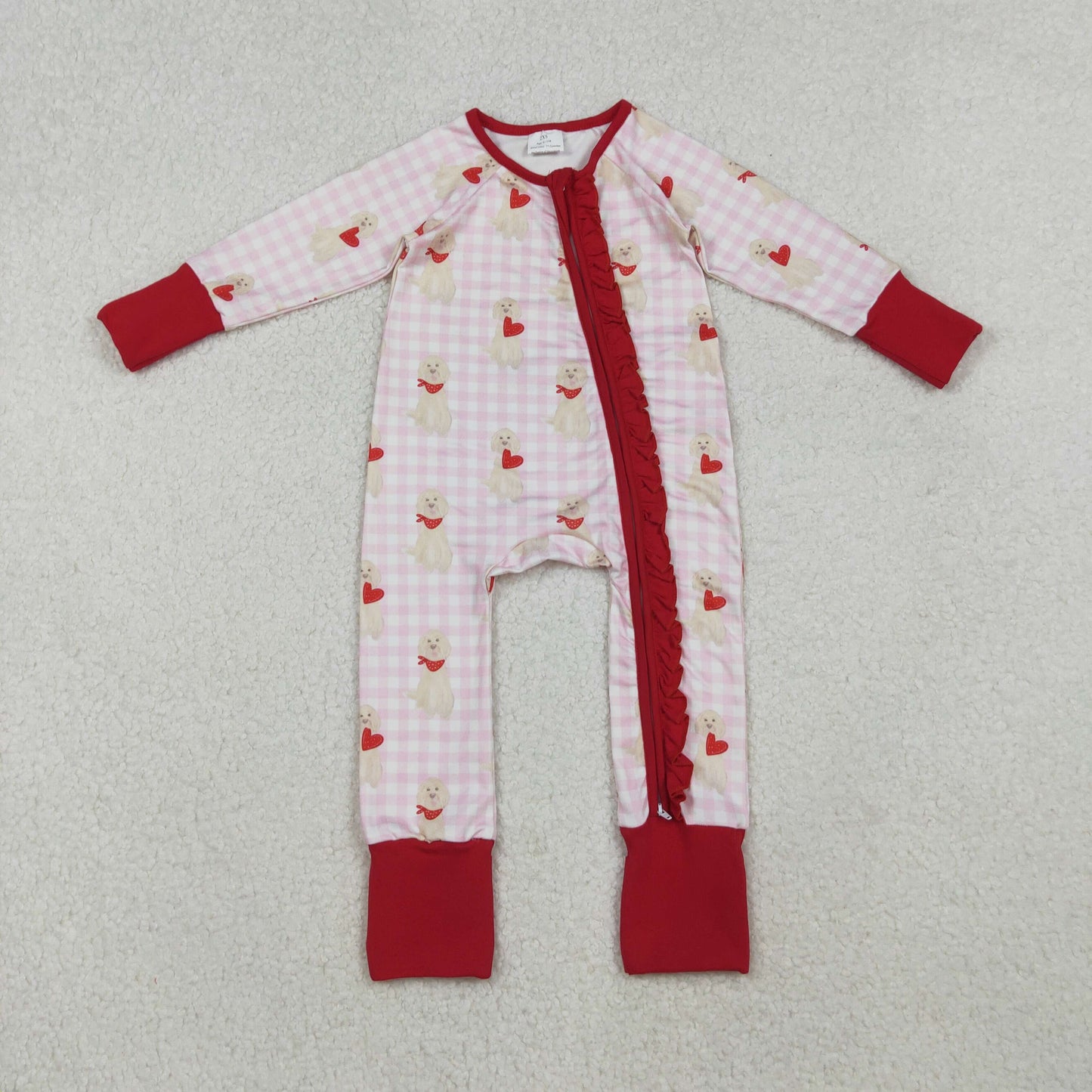 LR2681 Baby Girls Pink Checked Hearts Dogs Valentine Ruffle Zipper Footed Rompers