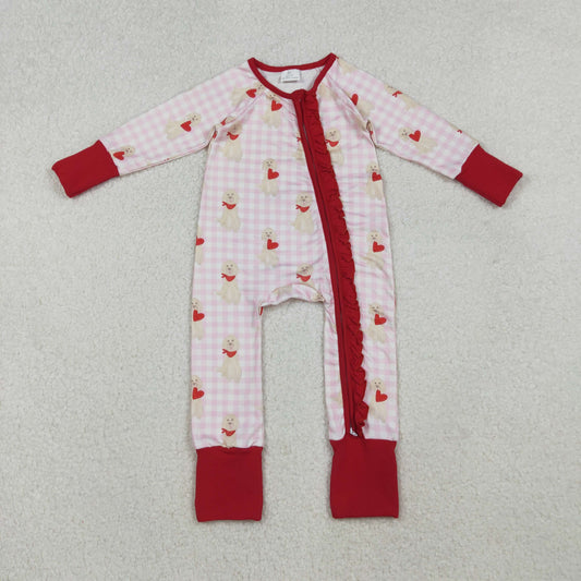 LR2681 Baby Girls Pink Checked Hearts Dogs Valentine Ruffle Zipper Footed Rompers
