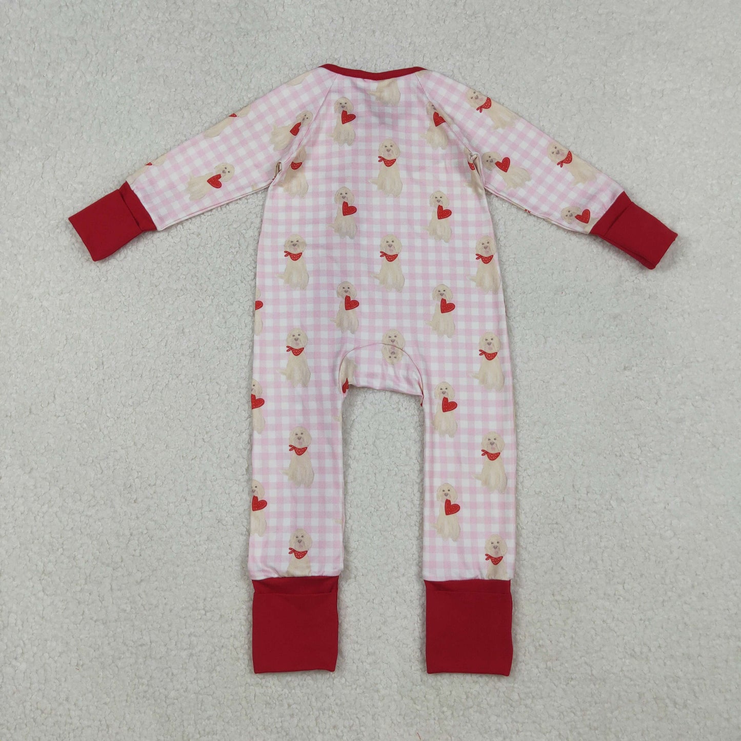 LR2681 Baby Girls Pink Checked Hearts Dogs Valentine Ruffle Zipper Footed Rompers