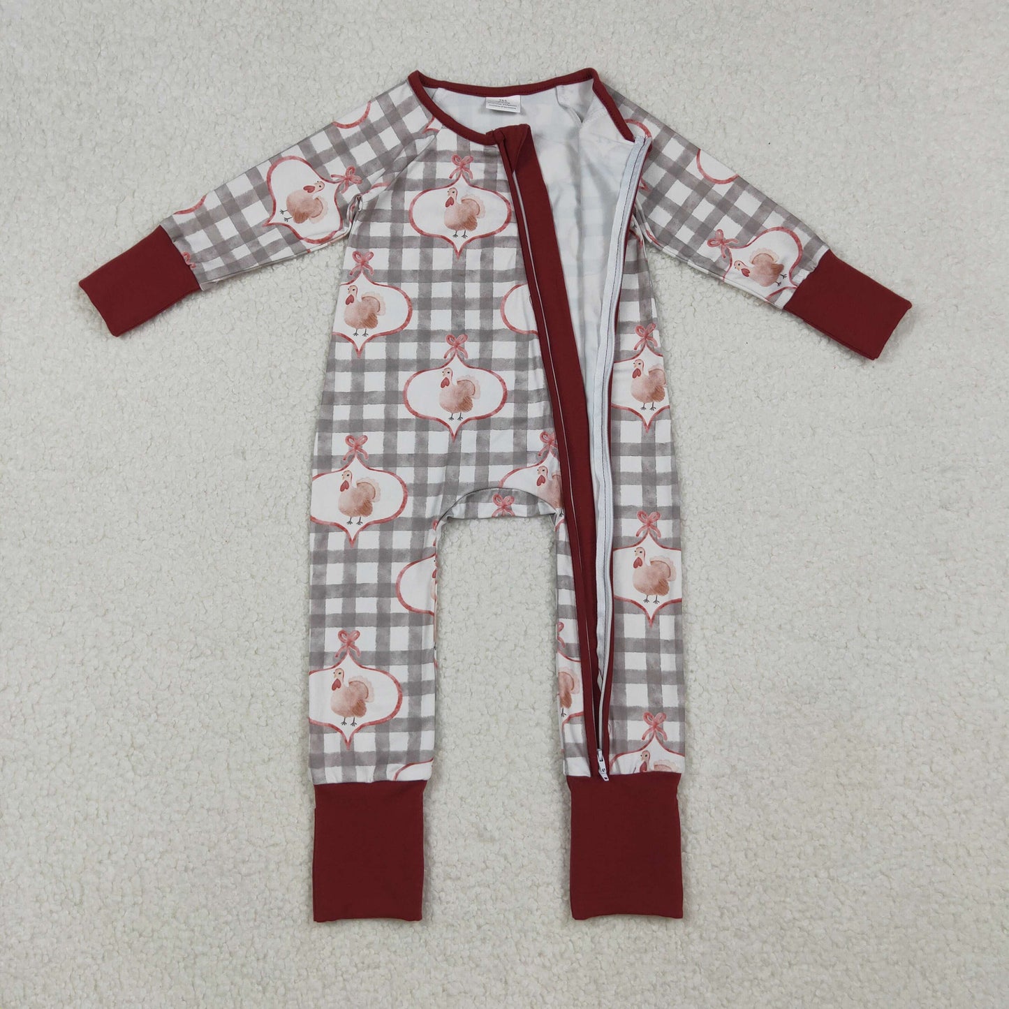 LR2691 Baby Boys Turkey Checked Thanksgiving Zipper Footed Rompers