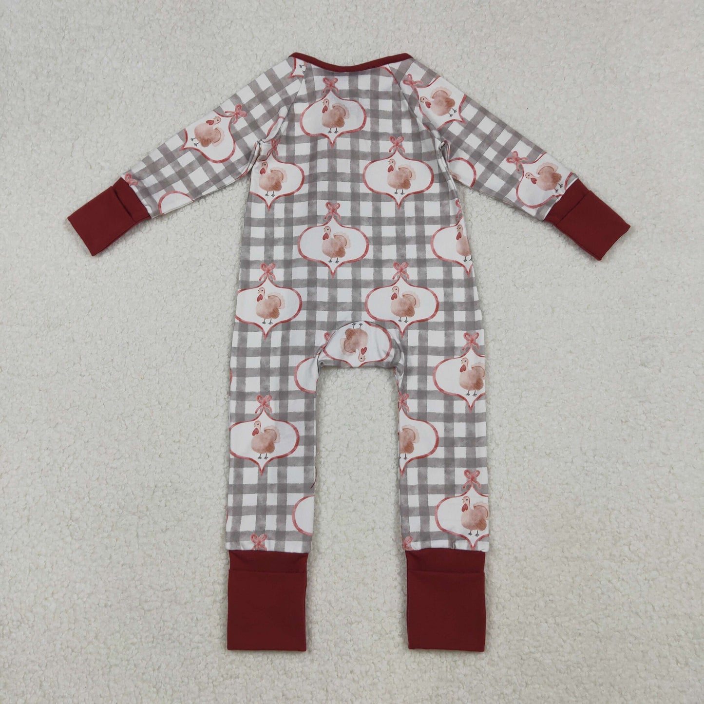 LR2691 Baby Boys Turkey Checked Thanksgiving Zipper Footed Rompers