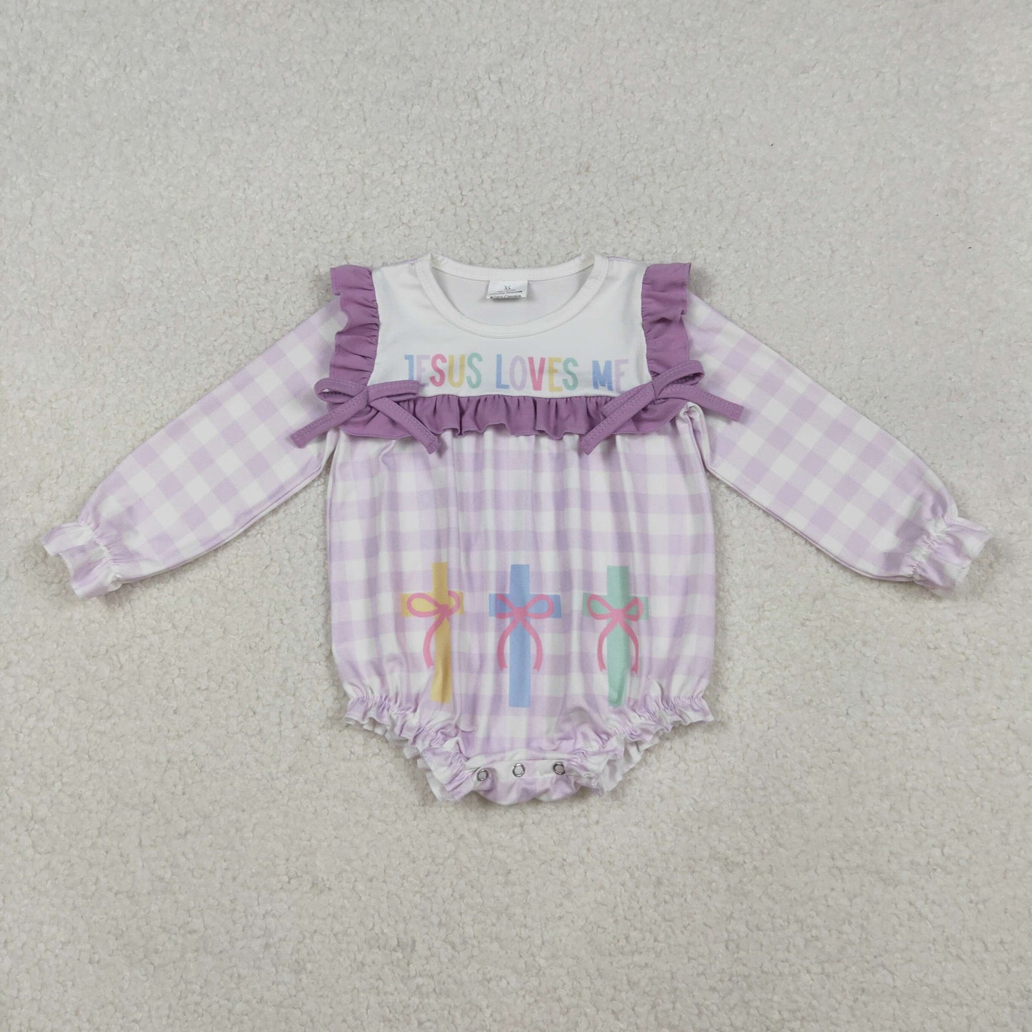 LR2740 Baby Girls Lavender Checked Jesus Love Me Crosses Ruffle Rompers