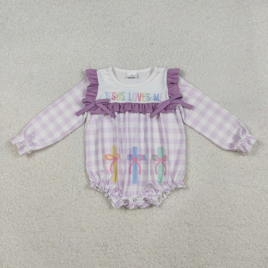 LR2740 Baby Girls Lavender Checked Jesus Love Me Crosses Ruffle Rompers