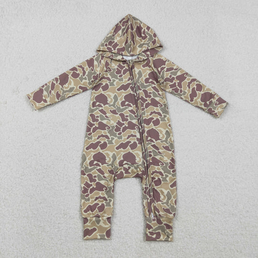 LR2812 Baby Boys Southern Khaki Camo Two Way Zip Hoodies Hunting Rompers