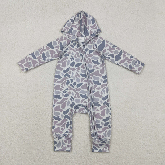 LR2813 Baby Boys Southern Light Grey Camo Two Way Zip Hoodies Hunting Rompers