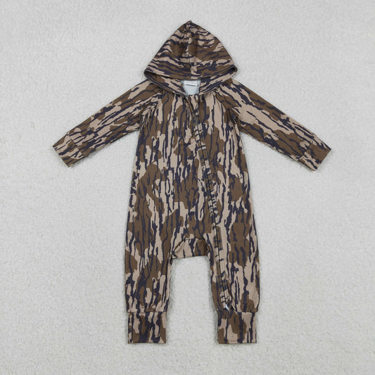 LR2814 Baby Boys Southern Olive Camo Two Way Zip Hoodies Hunting Rompers