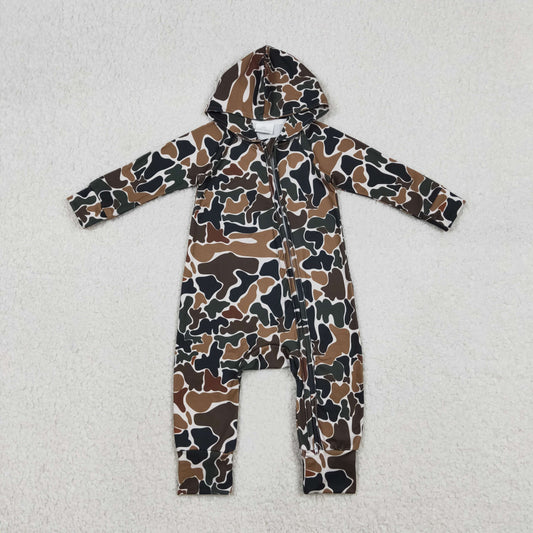 LR2815 Baby Boys Southern Dark Brown Camo Two Way Zip Hoodies Hunting Rompers