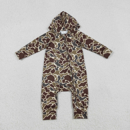 LR2815 Baby Boys Southern Dark Khaki Camo Two Way Zip Hoodies Hunting Rompers