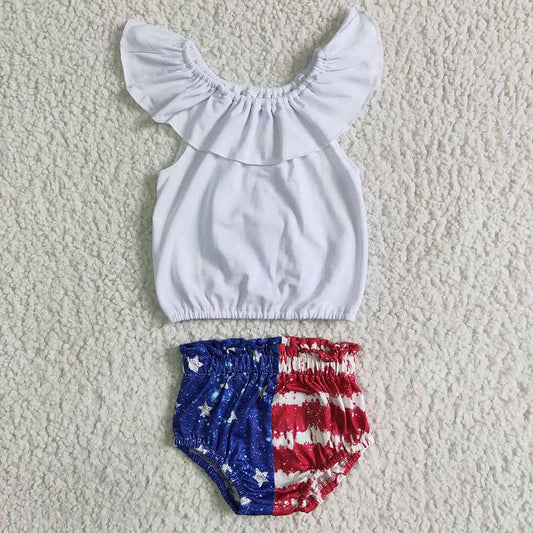 NC0001 baby girls 4th of July patriotic white stripes bummies set