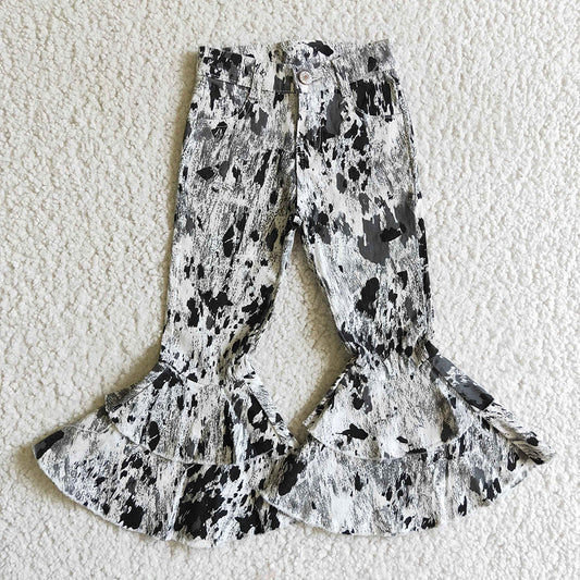 Western Black Tie Dye Double Ruffle Pants Jeans P0023