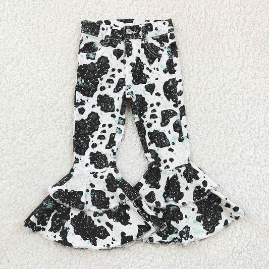 Western Black White Cow Print Double Ruffle Pants Jeans P0031