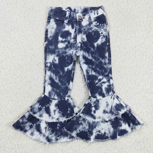 Western Blue Tie Dye Denim Double Ruffle Pants Jeans P0035