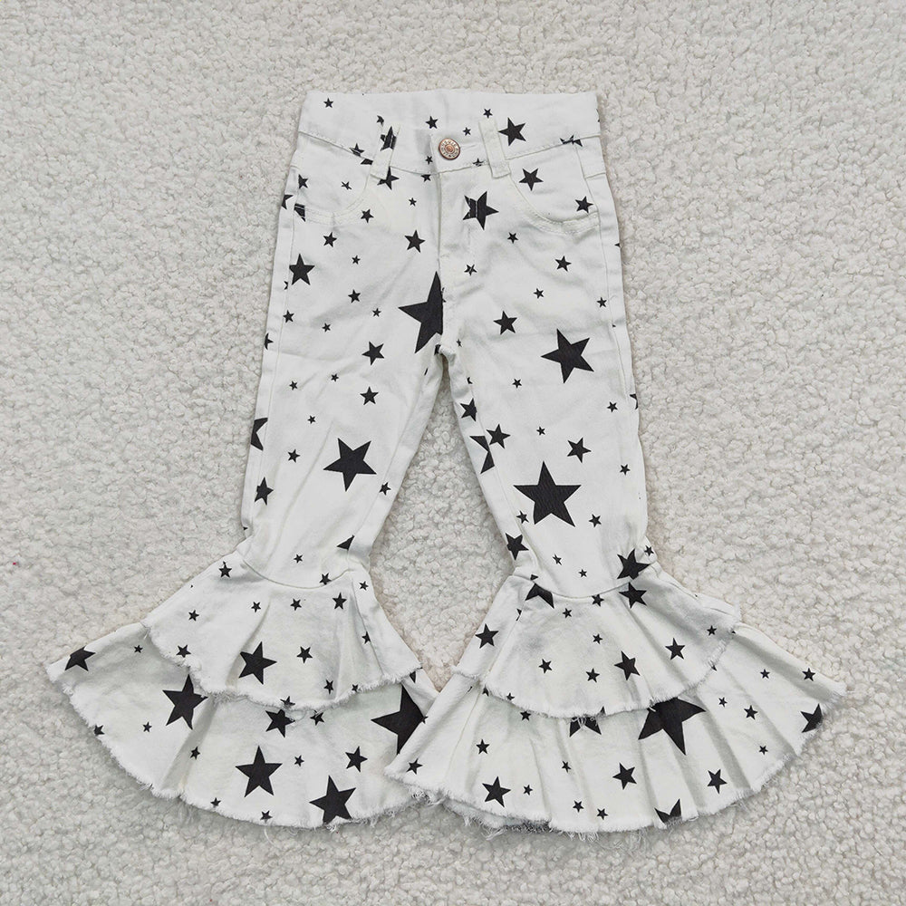 Western White Black Stars Denim Double Ruffle Pants Jeans P0068