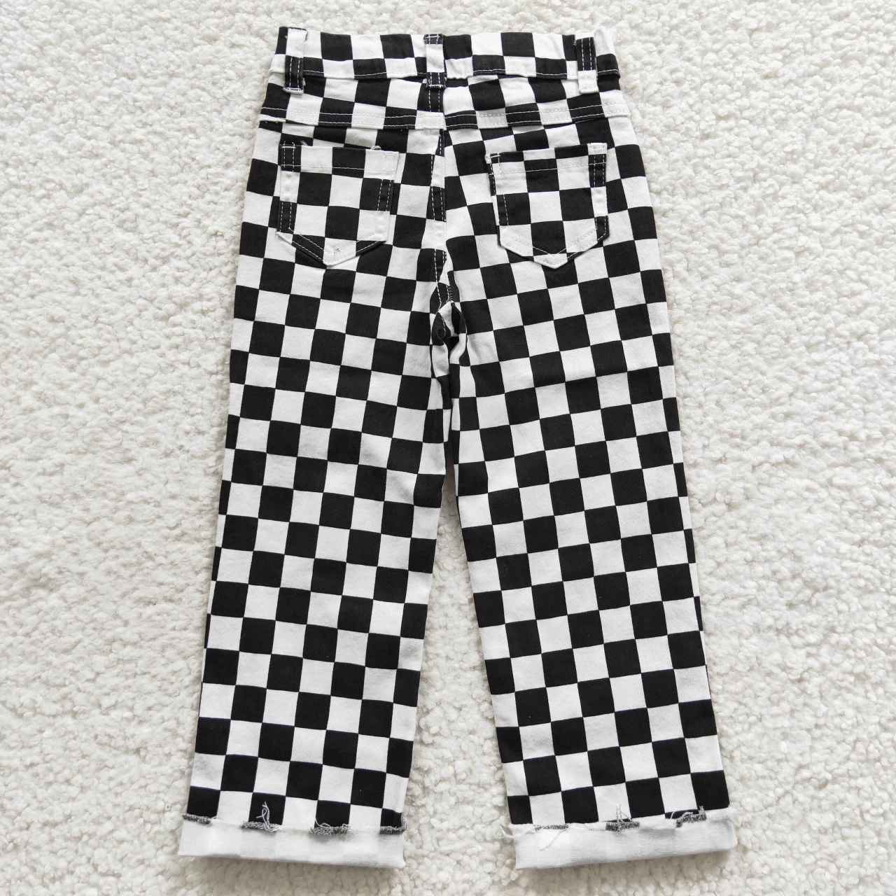 girls Black and white plaid denim jeans P0122