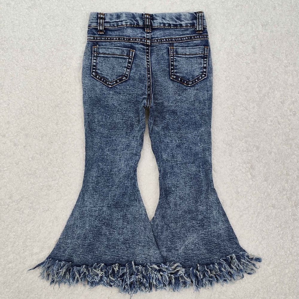 Light blue kids girl flare fringe denim jeans P0132
