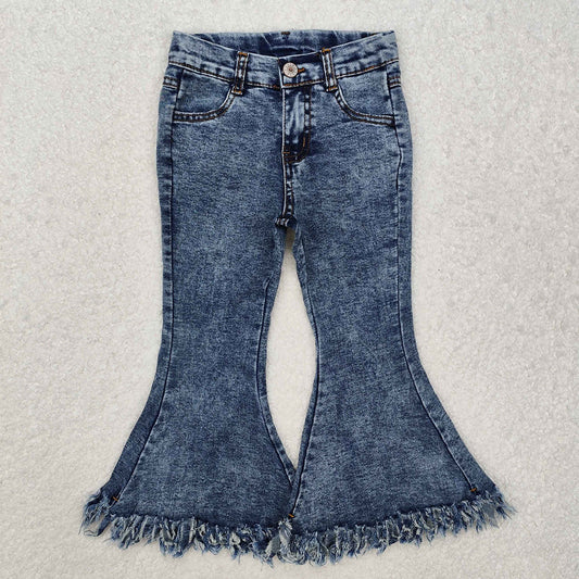 Light blue kids girl flare fringe denim jeans P0132