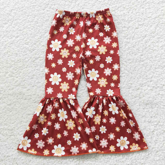 smile face floral print maroon baby girl bell bottom pants P0206