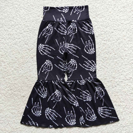 baby girl skeleton hands print black bell bottom pants P0259