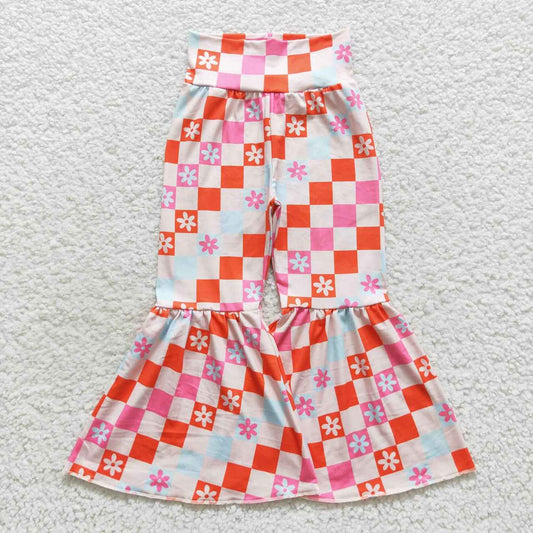 girl orange floral checkerboard print bell bottom pants P0263