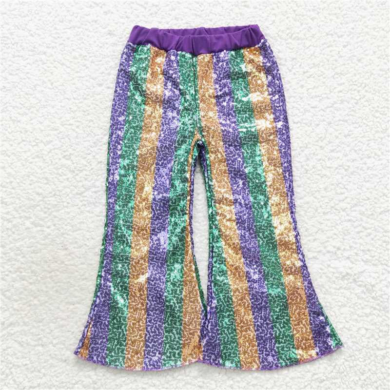 Sibling Baby Girls Mardigras Stripes Checked Flare Bell Bottom Pants