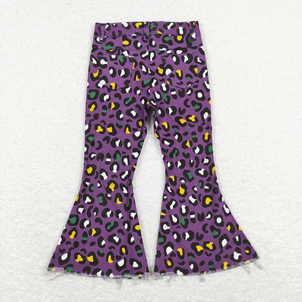Sibling Baby Girls Mardigras Leopard Stripe Denim Bell Bottom Pants