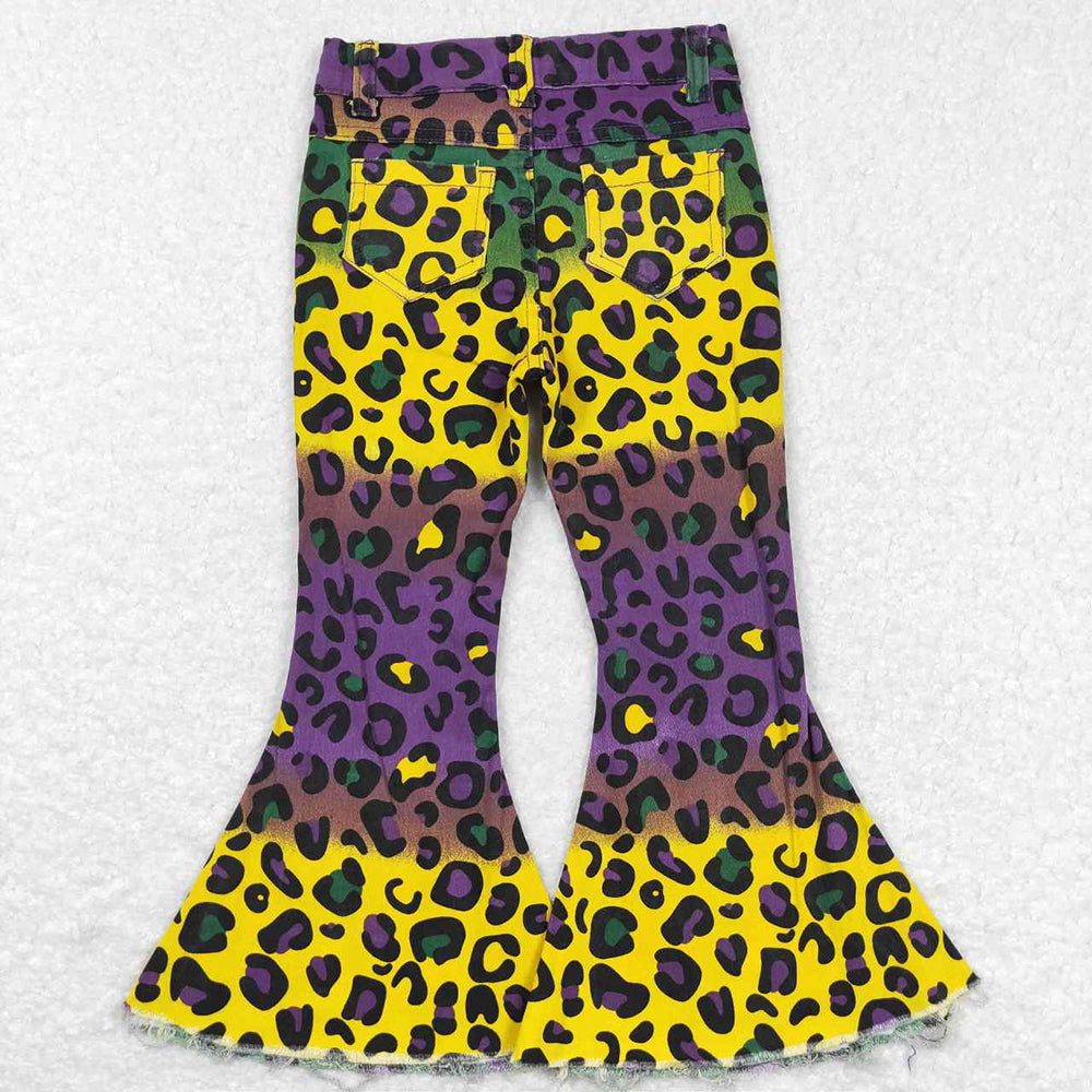 Sibling Baby Girls Mardigras Leopard Stripe Denim Bell Bottom Pants