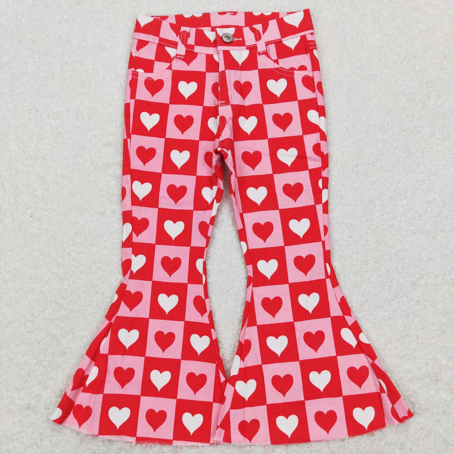 Sibling Baby Girls Hearts Flowers Bell Bottom Denim Pants Jeans