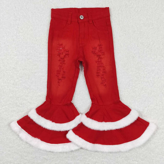 P0334  kids clothes girls white plush red bell bottom jeans flare pant