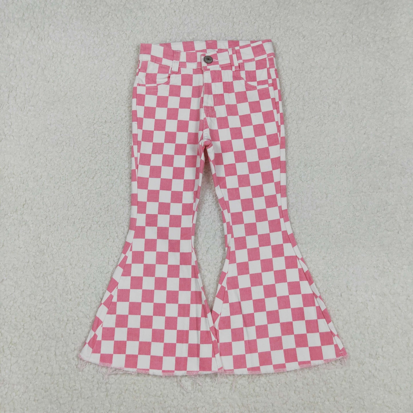 P0348 Baby Girl Clothes Pink Plaid Bell Bottom Jeans