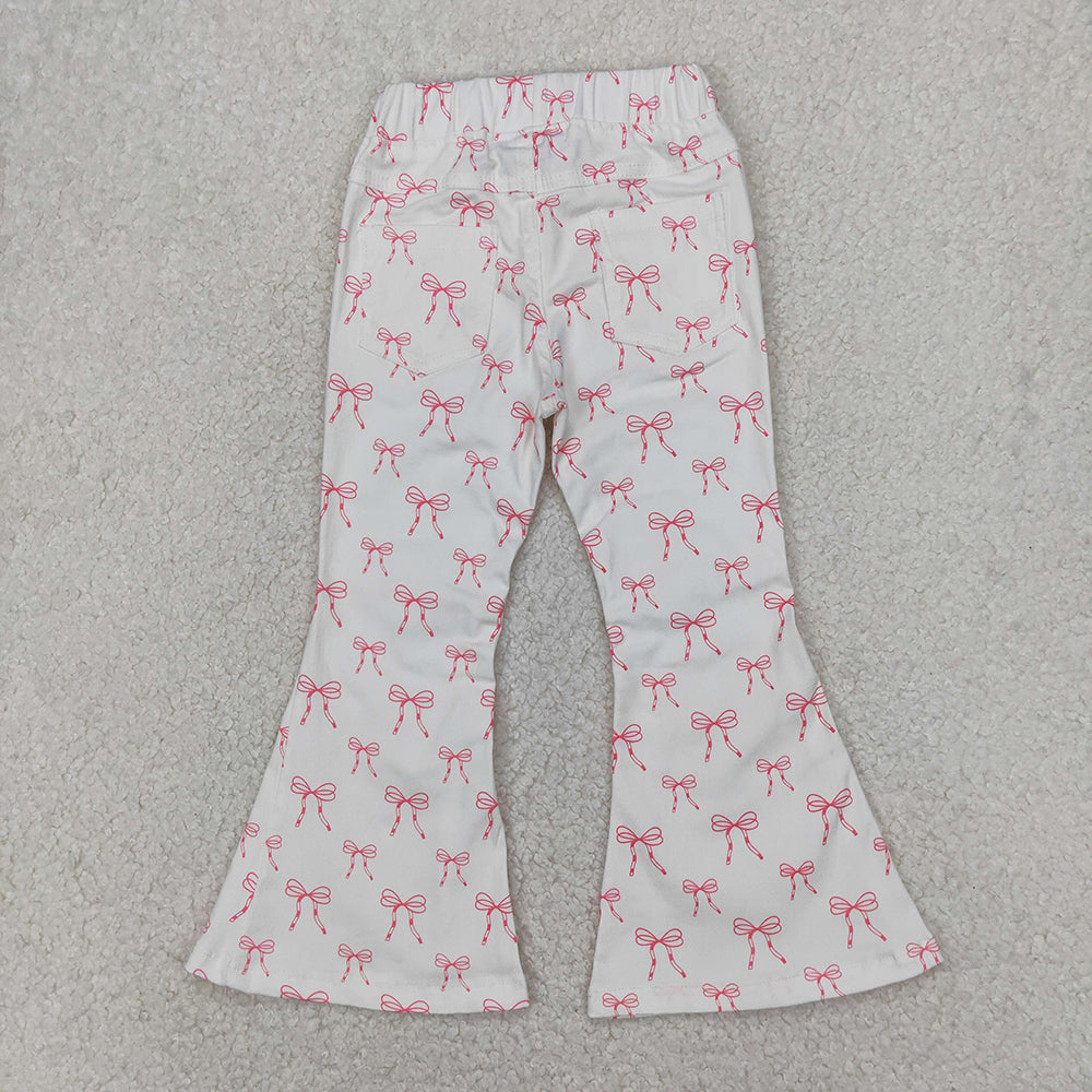 P0732  baby girl clothes pink bows white denim bell bottom jeans