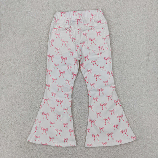 P0732  baby girl clothes pink bows white denim bell bottom jeans