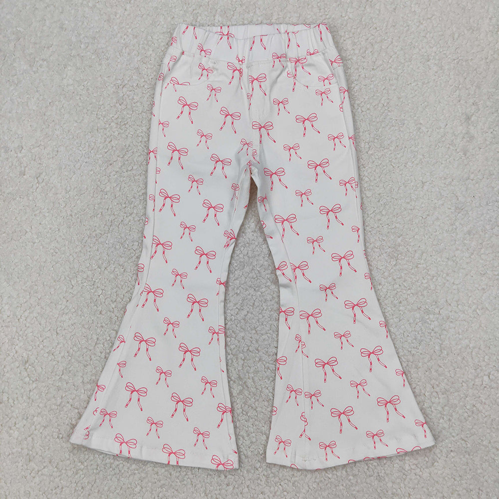 P0732  baby girl clothes pink bows white denim bell bottom jeans