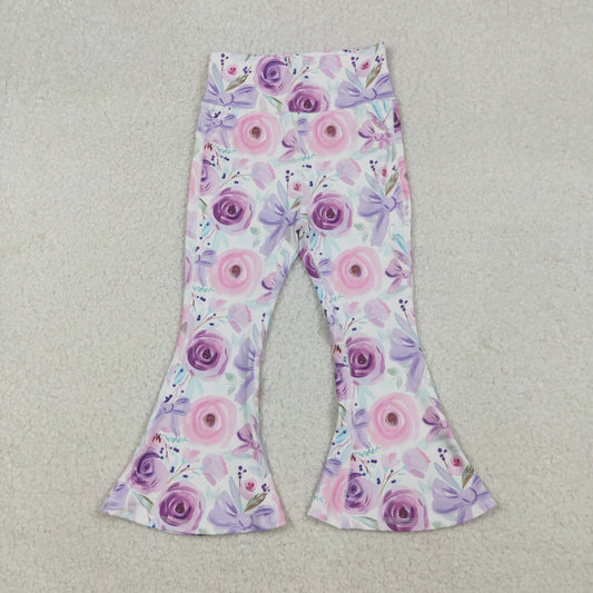 P0774 Baby Girls Pink Lavender Flowers Yoga Active Bell Bottom Pants