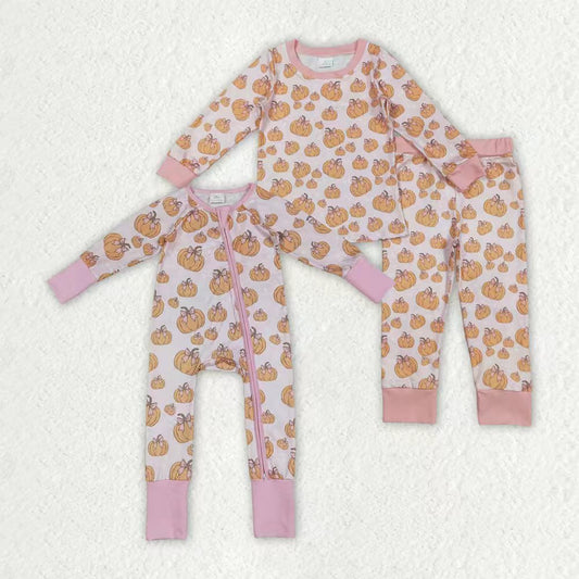 Sibling Baby Girls Pink Bows Pumpkins Rompers Pajamas Sets
