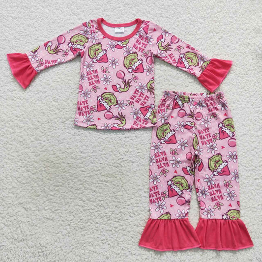 girl pink Christmas print pajamas set