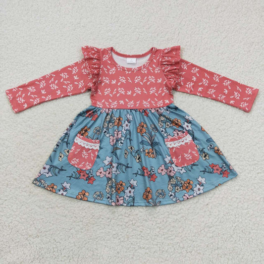 girls flower print red blue dress