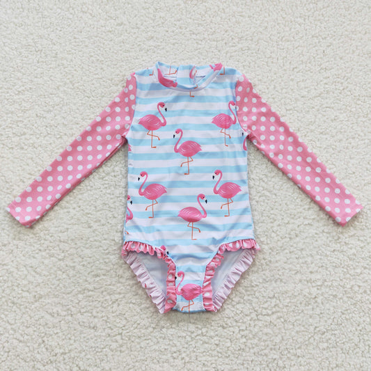 flamingo printed girls long sleeve swimsuit S0140