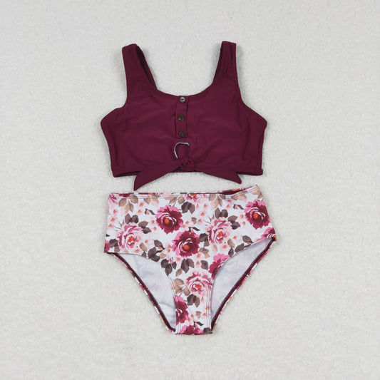 S0141 kids girls burgundy flowers swimwear