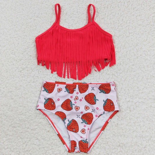 kids girls strawberry pink tassels swimwear S0142