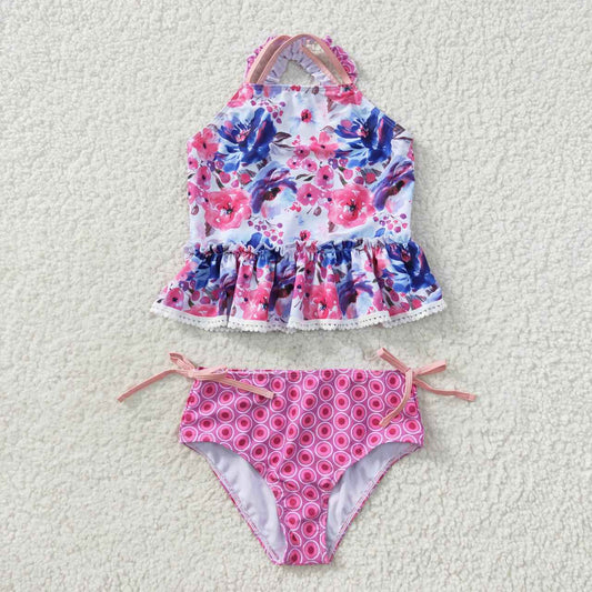 girls rose pink floral plaid 2 pieces swimwear S0156