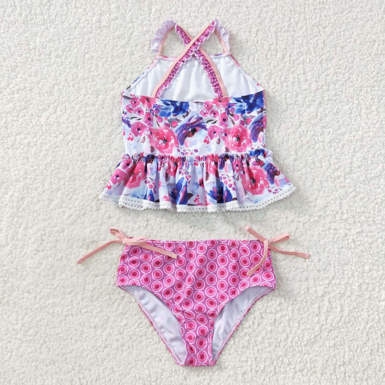 girls rose pink floral plaid 2 pieces swimwear S0156