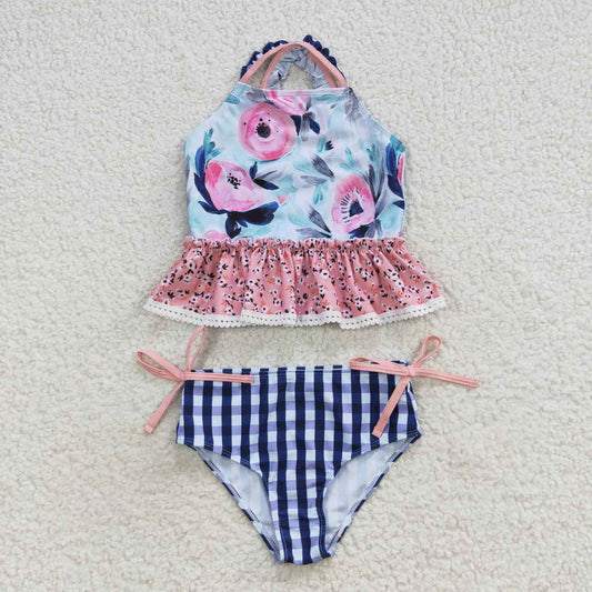 girls blue floral plaid 2 pieces swimwear S0158