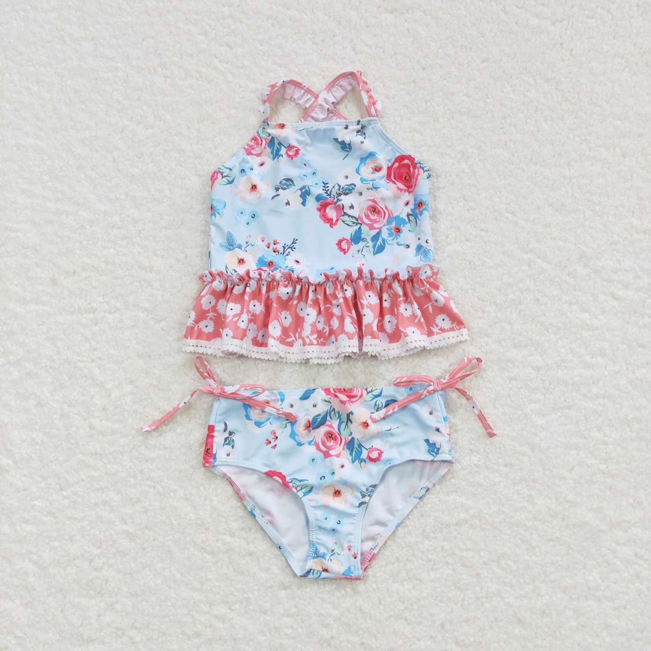 S0159  kids girls Floral pink lace swimwear